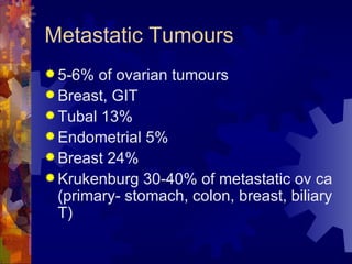 Metastatic Tumours 5-6% of ovarian tumours Breast, GIT Tubal 13% Endometrial 5% Breast 24% Krukenburg 30-40% of metastatic ov ca (primary- stomach, colon, breast, biliary T) 