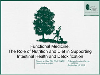 Functional Medicine:
The Role of Nutrition and Diet in Supporting
    Intestinal Health and Detoxification
              Sharon M. Day, RD, CSO, CNSC   Colorado Ovarian Cancer
              Director of Nutrition              Alliance
                                             September 16, 2012
 