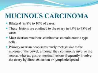 MUCINOUS CARCINOMA
 Bilateral in 8% to 10% of cases.
 These lesions are confined to the ovary in 95% to 98% of
cases
 Most ovarian mucinous carcinomas contain enteric-type
cells.
 Primary ovarian neoplasms rarely metastasize to the
mucosa of the bowel, although they commonly involve the
serosa, whereas gastrointestinal lesions frequently involve
the ovary by direct extension or lymphatic spread
 