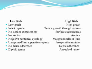 Low Risk High Risk
 Low grade High grade
 Intact capsule Tumor growth through capsule
 No surface excrescences Surface excrescences
 No ascites Ascites
 Negative peritoneal cytology Malignant cells in fluid
 Unruptured/ intraoperative rupture Preoperative rupture
 No dense adherence Dense adherence
 Diploid tumor Aneuploid tumor
 