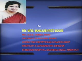By:
DR. MRS. MANJUSHREE BOOB
M.D., D.N.B., FICMCH, FICOG
DIPLOMATE OF NATIONAL BOARD.
CONSULTING OBSTETRICIAN GYNAECOLOGIST
INFERTILITY & LAPAROSCOPIC SURGEON
SHUBHAM HOSPITAL BADNERA ROAD, AMRAVATI
 