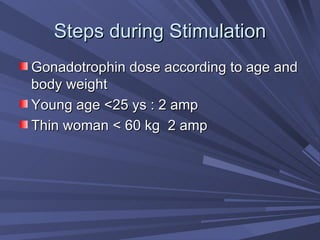 Steps during Stimulation Gonadotrophin dose according to age and body weight Young age <25 ys : 2 amp Thin woman < 60 kg  2 amp 