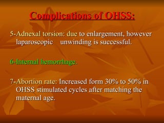 Complications of OHSS: 5-Adnexal torsion: due  to enlargement, however laparoscopic  unwinding is successful. 6-Internal hemorrhage. 7 - Abortion rate:  Increased form 30% to 50% in OHSS stimulated cycles after matching the maternal age.   