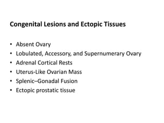Congenital Lesions and Ectopic Tissues
• Absent Ovary
• Lobulated, Accessory, and Supernumerary Ovary
• Adrenal Cortical Rests
• Uterus-Like Ovarian Mass
• Splenic–Gonadal Fusion
• Ectopic prostatic tissue
 