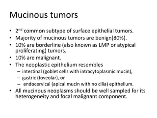Mucinous tumors
• 2nd common subtype of surface epithelial tumors.
• Majority of mucinous tumors are benign(80%).
• 10% are borderline (also known as LMP or atypical
proliferating) tumors.
• 10% are malignant.
• The neoplastic epithelium resembles
– intestinal (goblet cells with intracytoplasmic mucin),
– gastric (foveolar), or
– endocervical (apical mucin with no cilia) epithelium.
• All mucinous neoplasms should be well sampled for its
heterogeneity and focal malignant component.
 
