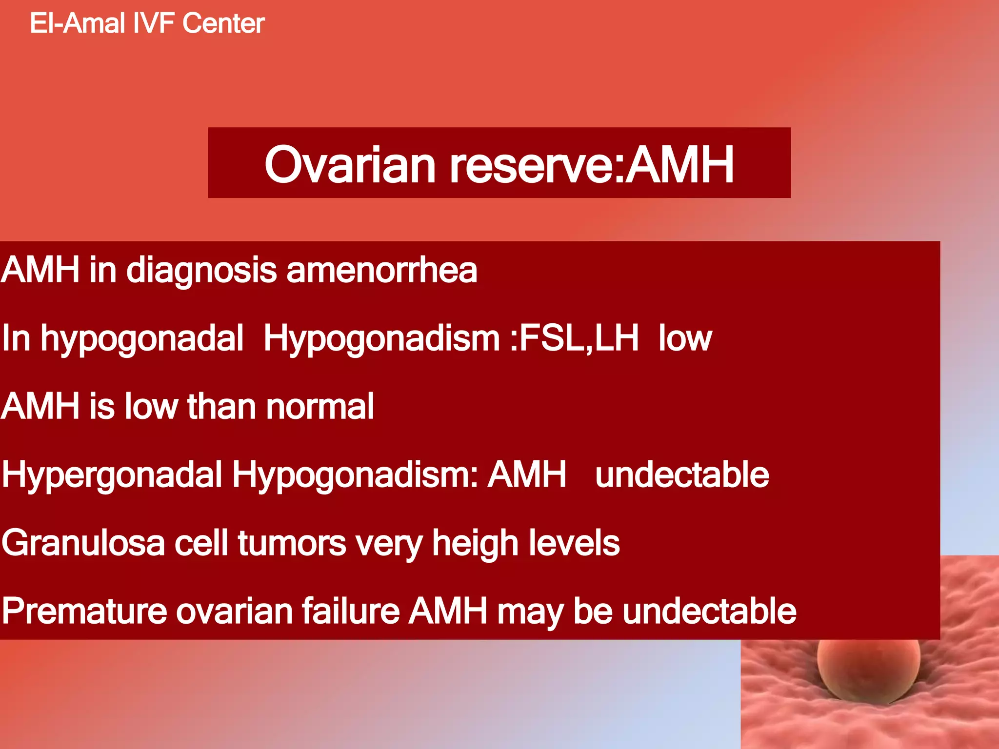 Ovarian reserve:AMH
AMH in diagnosis amenorrhea
In hypogonadal Hypogonadism :FSL,LH low
AMH is low than normal
Hypergonadal Hypogonadism: AMH undectable
Granulosa cell tumors very heigh levels
Premature ovarian failure AMH may be undectable
El-Amal IVF Center
 