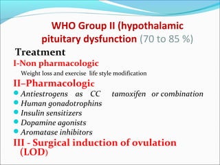 WHO Group II (hypothalamic
pituitary dysfunction (70 to 85 %)
Treatment
I-Non pharmacologic
Weight loss and exercise life style modification
II–Pharmacologic
Antiestrogens as CC tamoxifen or combination
Human gonadotrophins
Insulin sensitizers
Dopamine agonists
Aromatase inhibitors
III - Surgical induction of ovulation
(LOD)
 