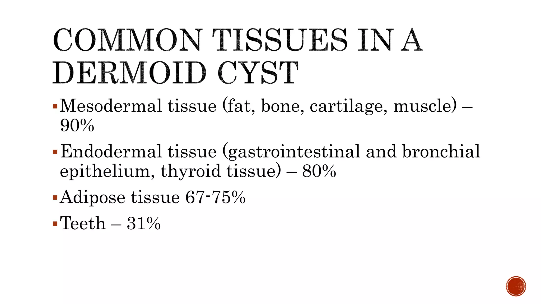 Mesodermal tissue (fat, bone, cartilage, muscle) –
90%
Endodermal tissue (gastrointestinal and bronchial
epithelium, thyroid tissue) – 80%
Adipose tissue 67-75%
Teeth – 31%
 