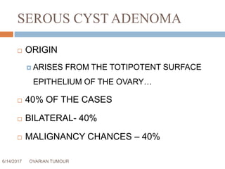 SEROUS CYST ADENOMA
6/14/2017 OVARIAN TUMOUR 20
 ORIGIN
 ARISES FROM THE TOTIPOTENT SURFACE
EPITHELIUM OF THE OVARY…
 40% OF THE CASES
 BILATERAL- 40%
 MALIGNANCY CHANCES – 40%
 