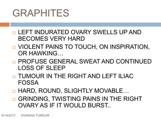 GRAPHITES
6/14/2017 OVARIAN TUMOUR 66
 LEFT INDURATED OVARY SWELLS UP AND
BECOMES VERY HARD
 VIOLENT PAINS TO TOUCH, ON INSPIRATION,
OR HAWKING…
 PROFUSE GENERAL SWEAT AND CONTINUED
LOSS OF SLEEP
 TUMOUR IN THE RIGHT AND LEFT ILIAC
FOSSA
 HARD, ROUND, SLIGHTLY MOVABLE…
 GRINDING, TWISTING PAINS IN THE RIGHT
OVARY AS IF IT WOULD BURST..
 
