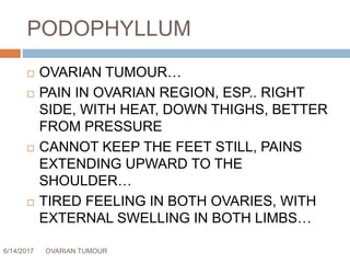 PODOPHYLLUM
6/14/2017 OVARIAN TUMOUR 67
 OVARIAN TUMOUR…
 PAIN IN OVARIAN REGION, ESP.. RIGHT
SIDE, WITH HEAT, DOWN THIGHS, BETTER
FROM PRESSURE
 CANNOT KEEP THE FEET STILL, PAINS
EXTENDING UPWARD TO THE
SHOULDER…
 TIRED FEELING IN BOTH OVARIES, WITH
EXTERNAL SWELLING IN BOTH LIMBS…
 