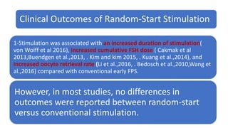 Clinical Outcomes of Random-Start Stimulation
1-Stimulation was associated with an increased duration of stimulation(
von Wolff et al 2016), increased cumulative FSH dose ( Cakmak et al
2013,Buendgen et al.,2013, . Kim and kim 2015, . Kuang et al.,2014), and
increased oocyte retrieval rate (Li et al.,2016, . Bedosch et al.,2010,Wang et
al.,2016) compared with conventional early FPS.
However, in most studies, no differences in
outcomes were reported between random-start
versus conventional stimulation.
 