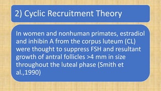 2) Cyclic Recruitment Theory
In women and nonhuman primates, estradiol
and inhibin A from the corpus luteum (CL)
were thought to suppress FSH and resultant
growth of antral follicles >4 mm in size
throughout the luteal phase (Smith et
al.,1990)
 