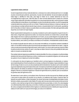 Laparotomía media umbilical
Incisiónlongitudinalenlalínea mediadelabdomen,comienzaenlacicatrizumbilicalytermina2 cm craneales
al pubis comprendepiel, peritoneo, aponeurosis, musculo recto del abdomen. Se seccionatejido subcutáneo
hasta llegar a identificar la línea alba, para llegar al interior de la cavidad abdominal se hace una
microlaparatomía en algún punto dela línea alba. En este momento debemos tener cuidado de no lesionar
ningúnórganoabdominal,paraellosnosayudamosconunaspinzasdientederatón,setomalaparedmuscular
a ambosladosde la líneaalbaen el puntoelegidoy se traccionadeellahaciaarriba,conelfin de alejarsedel
contenidoabdominalyentoncesincidirconun bisturí. Posteriormenteseintroduce un dedo por este ojal y se
compruebaquenoexistanadherenciasdeningunavíscera alaparedabdominal.Acontinuación,yapodemos
abrirla líneaalbaconbisturío tijeras,se puedeutilizarunasondaacanalada.Sielúteroestá agrandadopodría
requerirse una incisión de mayor longitud.
Elevar lapared abdominalizquierda conunapinza y localizarelcuernouterinoizquierdoconganchodeovh o
dedo índice, el ligamento suspensoriose estira o se rompe traccionandocon el dedoíndice. La tensión debe
estar dirigida más hacia caudal que perpendicular a la incisión, ya que puede desgarrar el paquete vascular
ovárico. Raravez se necesitaligarelligamentosuspensorioporseparadodadasuescasavascularización,se
localizalaarteriay vena ováricay se realiza unaventana en elmesovario, inmediatamentecaudalalosvasos.
Se camplea el paquete vascular ovárico con dos pinzas hemostáticas, es importante mantener localizado el
ovario conlos dedosmientrasse aplicalaprimerapinza paraasegurarque se extrae todo el ovario. Luegose
colocaunatercerapinzasobreelligamentopropio,entreelovario y elcuernouterinoparaseccionarporúltimo
el pedículoentrela pinza centraly el ovario. Las pinzas se debencolocarlomáscercaposibledelovariopara
evitar la inclusión accidental del uréter.
Pararealizar todaslas ligadurasespreferibleelmaterialabsorbible.Secolocaunaligaduracircunferenciallaxa
alrededordelclampproximal.Estapinza se retiraa medidaquese va ajustandolaligadura,demodoqueesta
se queda en el surco dejado por la pinza hemostática.
A continuación de coloca la ligadura por transfixión entre la primera ligadura circunferencial y el extremo
seccionadodelpedículo.Setomaelpedículoconpinzasy se liberalahemostasia,inspeccionándoloenbusca
dehemorragia.Siestono ocurre,secolocaelpedículodentrodelabdomen.Seaíslaelcuernouterinoderecho
siguiendodistalmentealizquierdohastalabifurcación.Serepiteelprocedimientodeligadurassobreelpedículo
ováricoderecho.Se realiza una ventana en el ligamentoancho, adyacente a la arteria yvena uterinas, y se lo
desgarra. Raravez se requierela ligaduraen masade los ligamentosanchoyredondo,pero es necesariaen
los grandes vasos del ligamento ancho.
Se exterioriza el cuernouterinoy se localizael cérvix. Muchasson las técnicasquese hanutilizado para ligar
y seccionar el cuerpo uterino de acuerdo con su tamaño y la preferencia del cirujano. Cuando el útero es
pequeño se puede realizar un triple clampeado. Se colocan tres pinzas inmediatamente proximales al cérvix,
teniendocuidado,yaquepuedencortareltejido.Elcuerpouterinoseseccionaentrelapinzacentralyproximal.
La arteria y vena uterinas se ligande formaindependienteentrela pinza distal y el cérvix. Se colocaligadura
circunferencialyflojadistalaesta pinzay se laretiraa medidaqueseajustalaligadurasobreelsurcoquedeja.
Se colocaunaligaduradetransfixiónentrela ligaduracircunferencial ylapinza restantepara luegosacarla,se
evalúa el muñón uterino en busca de hemorragia y se coloca en el abdomen.
 