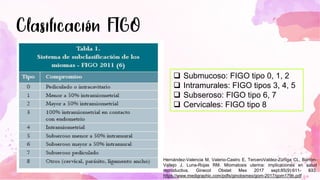 ❑ Submucoso: FIGO tipo 0, 1, 2
❑ Intramurales: FIGO tipos 3, 4, 5
❑ Subseroso: FIGO tipo 6, 7
❑ Cervicales: FIGO tipo 8
Hernández-Valencia M, Valerio-Castro E, TerceroValdez-Zúñiga CL, Barrón-
Vallejo J, Luna-Rojas RM. Miomatosis uterina: implicaciones en salud
reproductiva. Ginecol Obstet Mex 2017 sept;85(9):611- 633.
https://www.medigraphic.com/pdfs/ginobsmex/gom-2017/gom179h.pdf
 