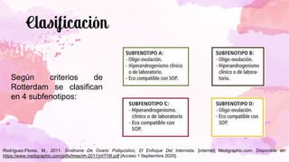 Según criterios de
Rotterdam se clasifican
en 4 subfenotipos:
Rodríguez-Flores, M., 2011. Síndrome De Ovario Poliquístico, El Enfoque Del Internista. [internet] Medigraphic.com. Disponible en:
https://www.medigraphic.com/pdfs/imss/im-2011/im116f.pdf [Acceso 1 Septiembre 2020].
 