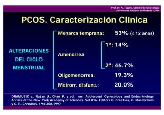 Prof. Dr. R. Tozzini, Cátedra de Ginecología
                                                                Universidad Nacional de Rosario - 2004



     PCOS. Caracterización Clínica
                            Menarca temprana:                  53% (≤ 12 años)

                                                         1ª: 14%
ALTERACIONES
                            Amenorrea
  DEL CICLO
 MENSTRUAL                                               2ª: 46.7%
                            Oligomenorrea:                     19.3%
                            Metrorr. disfunc.:                 20.0%
DRAMUSIC v., Rajan U., Chan P. y col. en Adolescent Gynecology and Endocrinology
Annals of the New York Academy of Sciences. Vol 816. Editors G. Creatsas, G. Mastorakos
y G. P. Chrousos. 194-208,1997
 