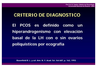 Prof. Dr. R. Tozzini, Cátedra de Ginecología
                                                                Universidad Nacional de Rosario - 2004




CRITERIO DE DIAGNOSTICO

El      PCOS             es       definido               como                 un
hiperandrogenismo con elevación
basal de la LH con o sin ovarios
poliquísticos por ecografía



     Rosenfield R. L. y col. Ann. N. Y. Acad. Sci. Vol 687, p. 162, 1993
 