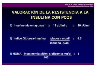 Prof. Dr. R. Tozzini, Cátedra de Ginecología
                                               Universidad Nacional de Rosario - 2004




 VALORACIÓN DE LA RESISTENCIA A LA
        INSULINA CON PCOS
1) Insulinemia en ayunas     ≥     13 µU/ml o          ≥      20 µU/ml



2) Indice Glucosa-Insulina       glucosa mg/dl        ≤       4.5
                                 insulina µU/ml


3) HOMA insulinemia µU/ml x glicemia mg/dl ≥ 3
                      405
 
