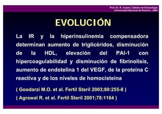 Prof. Dr. R. Tozzini, Cátedra de Ginecología
                                                 Universidad Nacional de Rosario - 2004




                      EVOLUCIÓN
La    IR    y    la    hiperinsulinemia      compensadora
determinan aumento de triglicéridos, disminución
de     la       HDL,    elevación      del        PAI-1                con
hipercoagulabilidad y disminución de fibrinolisis,
aumento de endotelina 1 del VEGF, de la proteína C
reactiva y de los niveles de homocisteína

( Goodarzi M.O. et al. Fertil Steril 2003;80:255-8 )
( Agrawal R. et al. Fertil Steril 2001;78:1164 )
 