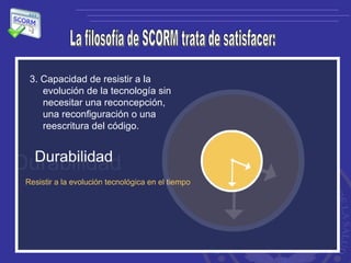 La filosofía de SCORM trata de satisfacer: 3. Capacidad de resistir a la evolución de la tecnología sin necesitar una reconcepción, una reconfiguración o una reescritura del código.  