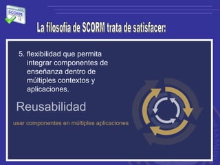 La filosofía de SCORM trata de satisfacer: 5. flexibilidad que permita integrar componentes de enseñanza dentro de múltiples contextos y aplicaciones.   