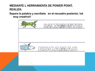 MEDIANTE L HERRAMIENTA DE POWER POINT,
REALIZA:
Separa la palabra y escríbela en el recuadro posterior, !sé
muy creativo!!
 