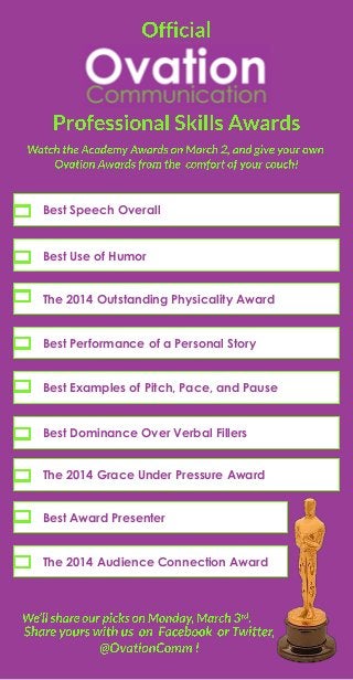 Best Speech Overall

Best Use of Humor
The 2014 Outstanding Physicality Award
Best Performance of a Personal Story

Best Examples of Pitch, Pace, and Pause

Best Dominance Over Verbal Fillers
The 2014 Grace Under Pressure Award
Best Award Presenter
The 2014 Audience Connection Award

 