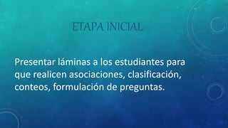ETAPA INICIAL
Presentar láminas a los estudiantes para
que realicen asociaciones, clasificación,
conteos, formulación de preguntas.
