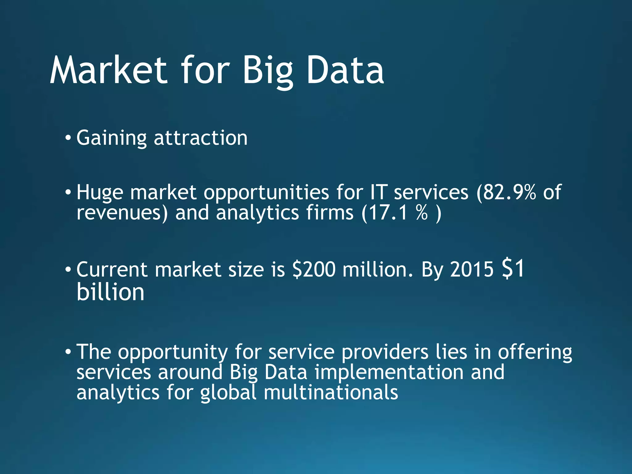 Big Data Analytics
• Examining large amount of data
• Appropriate information
• Identification of hidden patterns, unknown correlations
• Competitive advantage
• Better business decisions: strategic and operational
• Effective marketing, customer satisfaction, increased
revenue
 