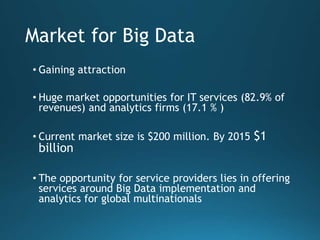 Big Data Analytics
• Examining large amount of data
• Appropriate information
• Identification of hidden patterns, unknown correlations
• Competitive advantage
• Better business decisions: strategic and operational
• Effective marketing, customer satisfaction, increased
revenue
 