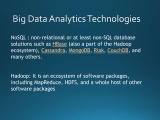 Healthcare
• 80% of medical data is unstructured and is clinically
relevant
• Data resides in multiple places like individual EMRs,
lab and imaging systems, physician notes, medical
correspondence, claims etc
• Leveraging Big Data
• Build sustainable healthcare systems
• Collaborate to improve care and outcomes
• Increase access to healthcare
 