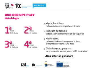 OVB RED UPE PLAY
Metodología

                                ‣ 4 problemáticas
                                 cada participante escogerá en cuál estar


1ª Problemática
    mesa
         1
   de trabajo     2ª
                   mesa
                   de trabajo
                                ‣ 4 mesas de trabajo
                                 cada una con un máximo de 10 participantes

                                ‣ 4 mentores
                                 cada uno hará una breve ponencia de su

3ª mesa
   de trabajo     4ª
                   mesa
                   de trabajo
                                 problemática y liderará una mesa

                                ‣ Soluciones propuestas
                                 se presentarán ante un Jurado, el 19 de octubre.

                                ‣ Una solución ganadora
 