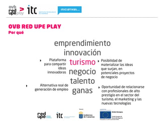 OVB RED UPE PLAY
Por qué


                          emprendimiento
                                 innovación
                 ‣     Plataforma            ‣ Posibilidad de
                    para compartir turismo     materializar las ideas
                             ideas             que surjan, en
                      innovadoras negocio potenciales proyectos
                                               de negocio

          ‣      Alternativa real de
                                     talento
                                             ‣ Oportunidad de relacionarse
              generación de empleo
                                      ganas con profesionales de alto
                                               prestigio en el sector del
                                                  turismo, el marketing y las
                                                  nuevas tecnologías
 