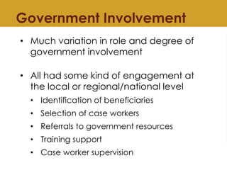 Government Involvement
• Much variation in role and degree of
government involvement
• All had some kind of engagement at
...