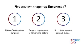 Мы любим и ценим
Битрикс
Что значит «партнер Битрикса»?
Битрикс слушает нас
и помогает в работе
Но…. У нас совсем
разный бизнес
1 2 3
 