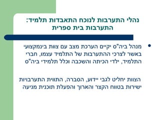 ‫נהלי התערבות לנוכח התאבדות תלמיד:‬
          ‫התערבות בית ספרית‬

 ‫מנהל ביה"ס יקיים הערכת מצב עם צוות בינמקצועי‬     ‫‪‬‬
  ‫באשר לצרכי ההתערבות של התלמיד עצמו, חברי‬
  ‫התלמיד, ילדי הכיתה והשכבה וכלל תלמידי ביה"ס‬

‫הצוות יחליט לגבי יידוע, הסברה, התווית התערבויות‬
 ‫ישירות בטווח הקצר והארוך והפעלת תוכנית מניעה‬
 