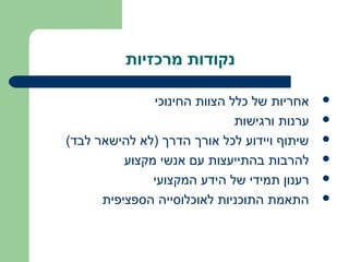 ‫נקודות מרכזיות‬

               ‫אחריות של כלל הצוות החינוכי‬    ‫‪‬‬

                              ‫ערנות ורגישות‬   ‫‪‬‬

‫שיתוף ויידוע לכל אורך הדרך )לא להישאר לבד(‬    ‫‪‬‬

          ‫להרבות בהתייעצות עם אנשי מקצוע‬      ‫‪‬‬

               ‫רענון תמידי של הידע המקצועי‬    ‫‪‬‬

      ‫התאמת התוכניות לאוכלוסייה הספציפית‬      ‫‪‬‬
 