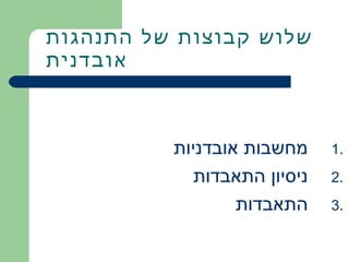 ‫שלוש קבוצות של התנהגות‬
‫אובדנית‬



          ‫מחשבות אובדניות‬     ‫.1‬
             ‫ניסיון התאבדות‬   ‫.2‬
                  ‫התאבדות‬     ‫.3‬
 