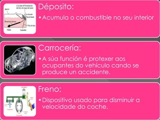 Déposito:
•Acumula o combustible no seu interior
Carrocería:
•A súa función é protexer aos
ocupantes do vehículo cando se
...