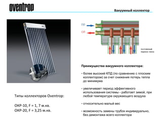 Вакуумный коллектор
Преимущества вакуумного коллектора:
- более высокий КПД (по сравнению с плоским
коллектором) за счет снижения потерь тепла
до минимума
- увеличивает период эффективного
использования системы - работает зимой, при
любой температуре окружающего воздуха
- относительно малый вес
- возможность замены трубок индивидуально,
без демонтажа всего коллектора
Типы коллекторов Oventrop:
ОКР-10, F = 1, 7 м.кв.
ОКР-20, F = 3,25 м.кв.
 