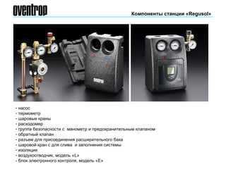 Компоненты станции «Regusol»
- насос
- термометр
- шаровые краны
- расходомер
- группа безопасности с манометр и предохранительным клапаном
- обратный клапан
- разъем для присоединения расширительного бака
- шаровой кран с для слива и заполнения системы
- изоляция
- воздухоотводчик, модель «L»
- блок электронного контроля, модель «E»
 