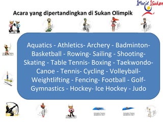 Aquatics - Athletics- Archery - Badminton-
Basketball - Rowing- Sailing - Shooting-
Skating - Table Tennis- Boxing - Taekwondo-
Canoe - Tennis- Cycling - Volleyball-
Weightlifting - Fencing- Football - Golf-
Gymnastics - Hockey- Ice Hockey - Judo
Acara yang dipertandingkan di Sukan Olimpik
 