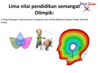 Lima nilai pendidikan semangat
Olimpik:
v. Keseimbangan antara jasmani, keinginan dan minda (Balance between body, will and
mind).
 