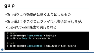 # grunt
$ coffeescript hoge.coffee > hoge.js
$ uglifyjs hoge.js > hoge-min.js
# gulp
$ coffeescript hoge.coffee | uglifyjs > hoge-min.js
 