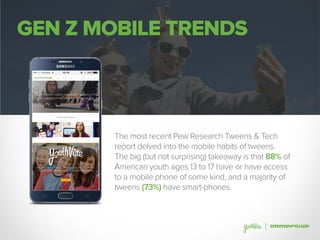GEN Z MOBILE TRENDS
The most recent Pew Research Tweens & Tech
report delved into the mobile habits of tweens.
The big (but not surprising) takeaway is that 88% of
American youth ages 13 to 17 have or have access
to a mobile phone of some kind, and a majority of
tweens (73%) have smart-phones.
 