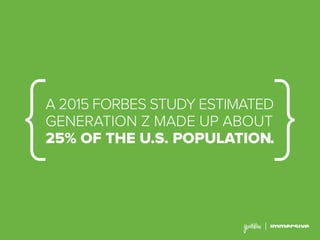 A 2015 FORBES STUDY ESTIMATED
GENERATION Z MADE UP ABOUT
25% OF THE U.S. POPULATION.
 