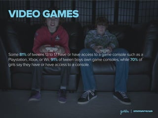 VIDEO GAMES
Some 81% of tweens 13 to 17 have or have access to a game console such as a
Playstation, Xbox, or Wii. 91% of tween boys own game consoles, while 70% of
girls say they have or have access to a console.
 