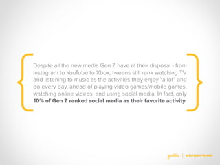 Despite all the new media Gen Z have at their disposal - from
Instagram to YouTube to Xbox, tweens still rank watching TV
and listening to music as the activities they enjoy “a lot” and
do every day, ahead of playing video games/mobile games,
watching online videos, and using social media. In fact, only
10% of Gen Z ranked social media as their favorite activity.
 