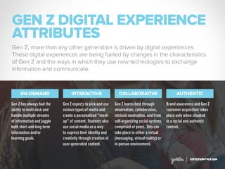 GEN Z DIGITAL EXPERIENCE
ATTRIBUTES
Gen Z, more than any other generation is driven by digital experiences.
These digital experiences are being fueled by changes in the characteristics
of Gen Z and the ways in which they use new technologies to exchange
information and communicate.
Gen Z has always had the
ability to multi-task and
handle multiple streams
of information and juggle
both short and long term
information and/or
learning goals.
ON-DEMAND
Gen Z expects to pick and use
various types of media and
create a personalized “mash-
up” of content. Students also
use social media as a way
to express their identity and
creativity through creation of
user-generated content.
INTERACTIVE
Gen Z learns best through
observation, collaboration,
intrinsic motivation, and from
self-organizing social systems
comprised of peers. This can
take place in either a virtual
(messaging, virtual reality) or
in-person environment.
COLLABORATIVE
Brand awareness and Gen Z
customer acquisition takes
place only when situated
in a social and authentic
context.
AUTHENTIC
 